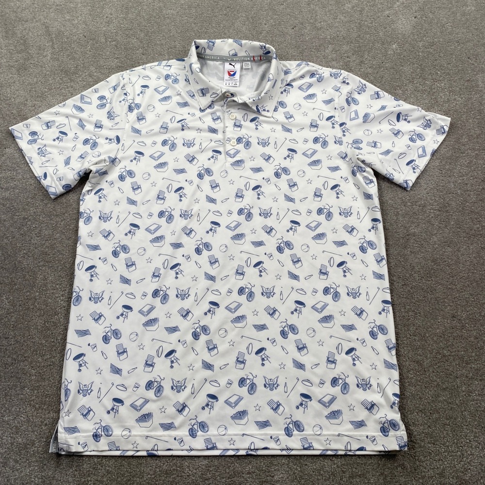 Puma Volition America Golf Polo Mens Medium White Blue Graphic Print BBQ Summer